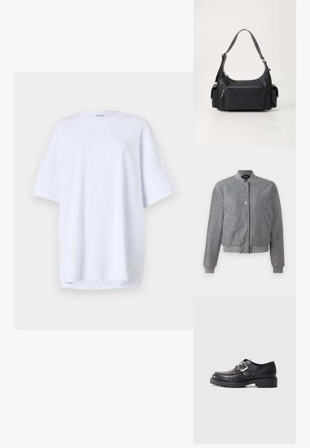 Hall grey bomber-jakk, millel on soonikkoes, nööpide sulgemine ja kaks küljetaskut. Valmistatud tekstuurilisest kangast, millel on elastsed mansetid ja allserv.; Lühikeste varrukatega, ülevõimendatud valge t-särk, mis on valmistatud puuvillast. Ümmargune kaelus, külgsuled hemmisel ja sile tekstuur, ilma nähtavate mustrite või aktsentideta.; Mustad nahast kingad ümarate varvastega, küljes kaaluga d detailiga ja paksu, robustse tallaga. Sile tekstuur, minimaalne õmblemine.; Mustast nahast õlakott ümarate vormide ja tõmblukuga esikotiga, samuti kahe külgetaskuga. Omab ühte reguleeritavat rihma.