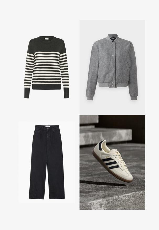 Veste bomber grise avec un col côtelé, fermeture à boutons-pression et deux poches latérales. Fabriquée dans un tissu texturé avec des poignets et un ourlet élastiques.; Pull rayé en gris foncé et blanc, col rond, manches longues, arborant des rayures horizontales et des poignets et un ourlet côtelés. Matière tricotée douce.; Jeans en denim noirs taille haute à jambes larges avec fermeture à bouton et zip à l'avant, passants de ceinture et style à cinq poches.; Baskets blanches Adidas Samba avec des bandes noires et une semelle en gomme, flottant au-dessus de marches en béton gris texturé.