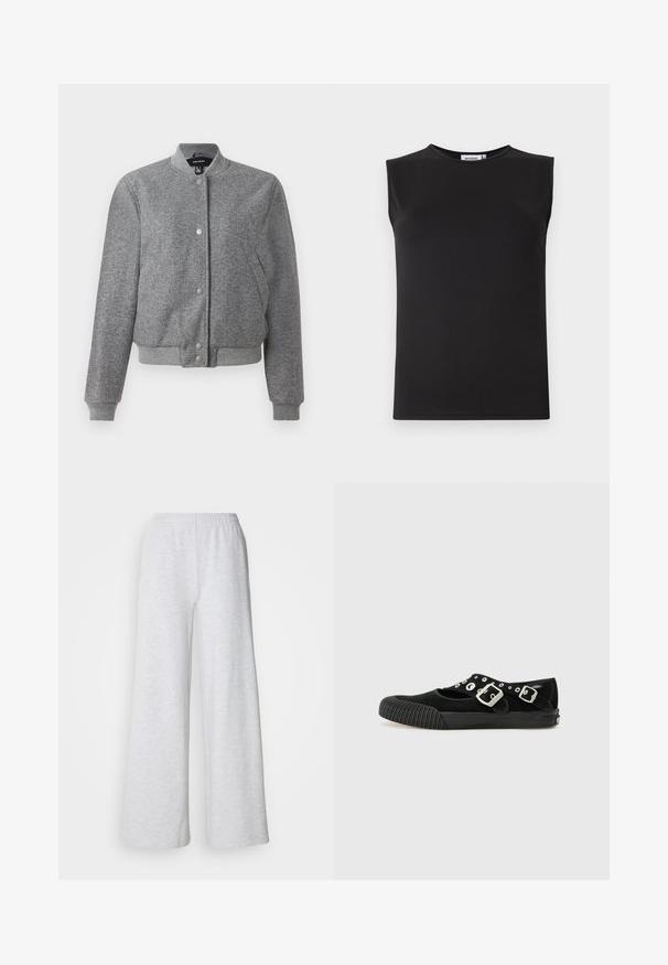 Chaqueta bomber gris con collar de canalé, cierre de botones a presión y dos bolsillos laterales. Fabricada con una tela texturizada con puños y dobladillo elásticos.; Top negro sin mangas de tela suave y elástica. Presenta un escote redondo y una silueta ajustada. Sin patrones o acentos visibles.; Pantalones de pierna ancha en gris claro con cinturilla elástica, fabricados en una tela suave con una sutil textura y sin patrones o acentos visibles.; Vans MARY JANE - Bailarinas - black