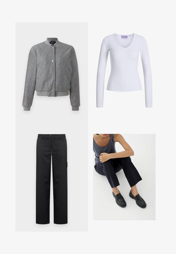 Veste bomber grise avec un col côtelé, fermeture à boutons-pression et deux poches latérales. Fabriquée dans un tissu texturé avec des poignets et un ourlet élastiques.; Haut à manches longues blanc avec une texture côtelée et un design en V. Étiquette visible à l'intérieur du col avec le nom de la marque "JJXX."; Pantalons noirs à rayures avec une coupe droite, dotés d'une fermeture à bouton et d'une poche latérale, fabriqués dans un tissu lisse.; Mocassins en cuir noir avec accents texturés, talon bas, bout arrondi, et coutures visibles. Modèle portant un pantalon sombre et un haut gris.