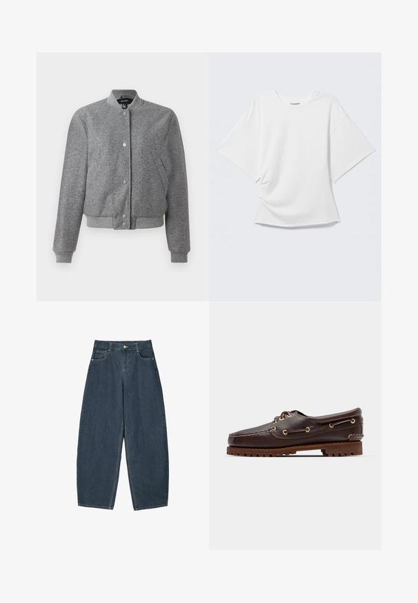 Veste bomber grise avec un col côtelé, fermeture à boutons-pression et deux poches latérales. Fabriquée dans un tissu texturé avec des poignets et un ourlet élastiques.; T-shirt blanc oversize à manches courtes avec col rond présenté sur un fond gris clair.; Jeans en denim bleu foncé à jambes larges avec une taille haute, dotés de cinq poches et de détails de couture visibles. Design épuré et minimal.; Bateau en cuir marron avec des œillets dorés, des lacets ronds et une semelle en caoutchouc marron texturée. Présente des détails de couture et un logo en relief.