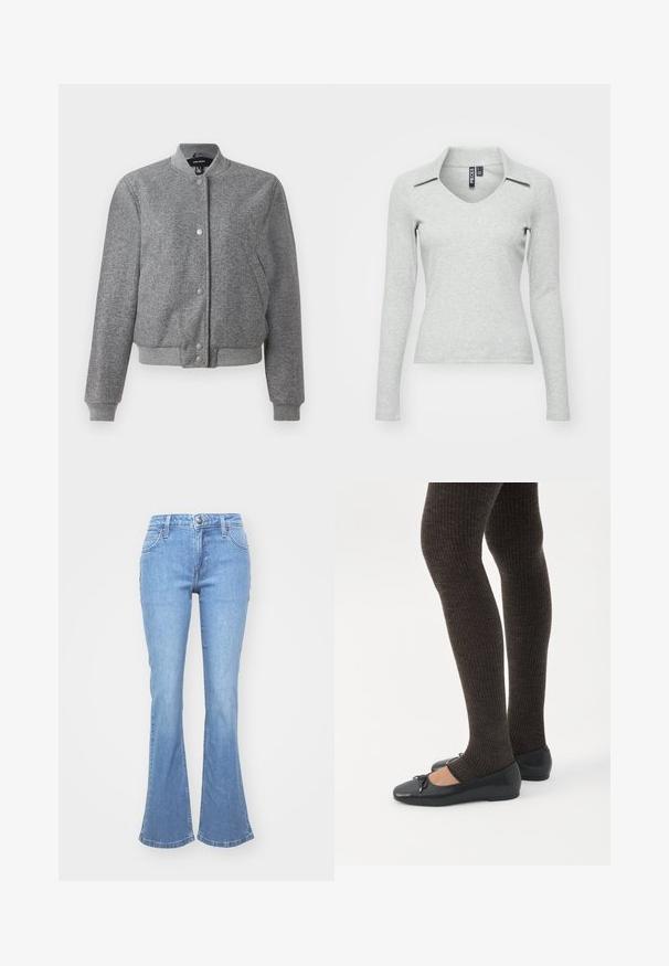 Veste bomber grise avec un col côtelé, fermeture à boutons-pression et deux poches latérales. Fabriquée dans un tissu texturé avec des poignets et un ourlet élastiques.; Haut gris clair à manches longues, en V avec col, fabriqué dans un tissu doux et texturé, présentant une coupe ajustée et un minimum de détails.; Jean en denim bleu clair avec une jambe évasée, comprenant cinq poches, une fermeture par bouton à l'avant et des détails de décoloration subtils sur le tissu.; Jambes portant des leggings côtelés foncés associés à des ballerines noires avec de petits détails en nœud sur fond blanc.