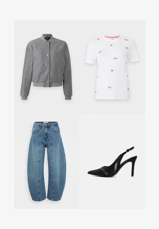 Graue Bomberjacke mit geripptem Kragen, Druckknopfverschluss und zwei Seitentaschen. Hergestellt aus einem strukturierten Stoff mit elastischen Bündchen und Saum.; Weißes kurzärmeliges T-Shirt mit rosa Kirschmustern, die vorne und auf den Ärmeln verteilt sind. Es verfügt über einen Rundhalsausschnitt mit rosa innerem Saum.; Helle blaue, hoch geschnittene Jeans aus Denim mit weitem Bein, fünf Taschen und Nähdetails. Glatte Textur mit sauberem Finish.; Schwarzer Wildleder-Spitzpumps mit Slingback, Mesh-Akzenten, dünnem hohem Absatz und goldenem Schnallenriemen vor einfachem Hintergrund.
