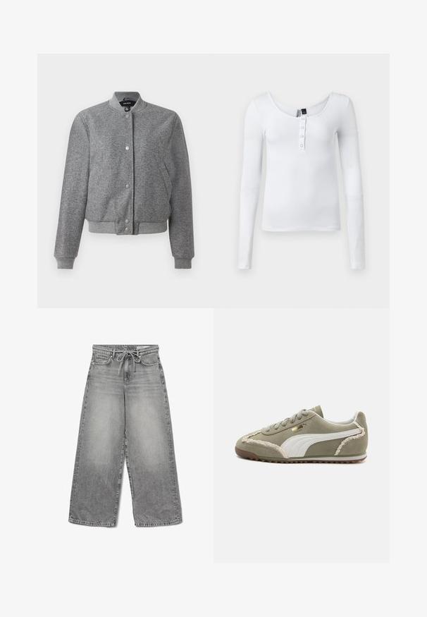 Grå bomberjakke med ribbet krave, trykknaplukning og to sidelommer. Lavet af et tekstureret stof med elastiske manchetter og kant.; Hvid langærmet ribbet top med scoop-neck og fire knapper foran. Stoffet har en glat tekstur og en tætsiddende pasform.; Bredde ben grå denim jeans med en falmet finish, snoreliv og traditionelt fem-lomme design, der har synlige syninger.; Grønne ruskind sneakers med hvide læderdetaljer, struktureret syning, snørelukning og gummisål. Har unikke designfunktioner langs siderne.