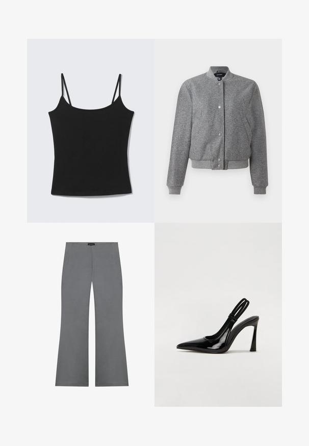 Veste bomber grise avec un col côtelé, fermeture à boutons-pression et deux poches latérales. Fabriquée dans un tissu texturé avec des poignets et un ourlet élastiques.; Débardeur court noir sans manches avec fines bretelles et encolure droite sur fond gris clair.; Pantalons gris évasés avec une texture lisse, dotés d'une taille haute et d'un design épuré. Aucune motif visible ni détails en métal.; Escarpin en cuir verni noir à talon aiguille, à bout pointu, avec une sangle élastique double pour un maintien sécurisé. Surface lisse et brillante.