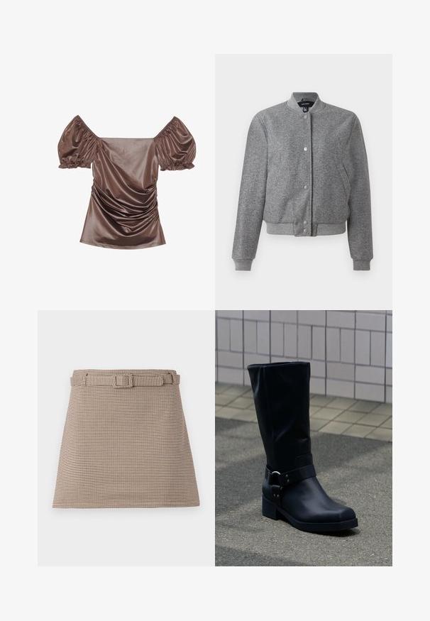 Veste bomber grise avec un col côtelé, fermeture à boutons-pression et deux poches latérales. Fabriquée dans un tissu texturé avec des poignets et un ourlet élastiques.; Top en satin marron à épaules dénudées avec des manches bouffantes, des détails froncés à l'avant et une texture lisse. Poignets élastiques aux extrémités des manches.; Shorts à motif pied-de-coq marron et beige avec une taille ceinturée, des lignes épurées, une structure ajustée et une texture de tissu lisse.; Botte en cuir noire mi-mollet avec un petit talon bloc et une bride décorative avec boucle métallique autour de la cheville, sur un trottoir carrelé.