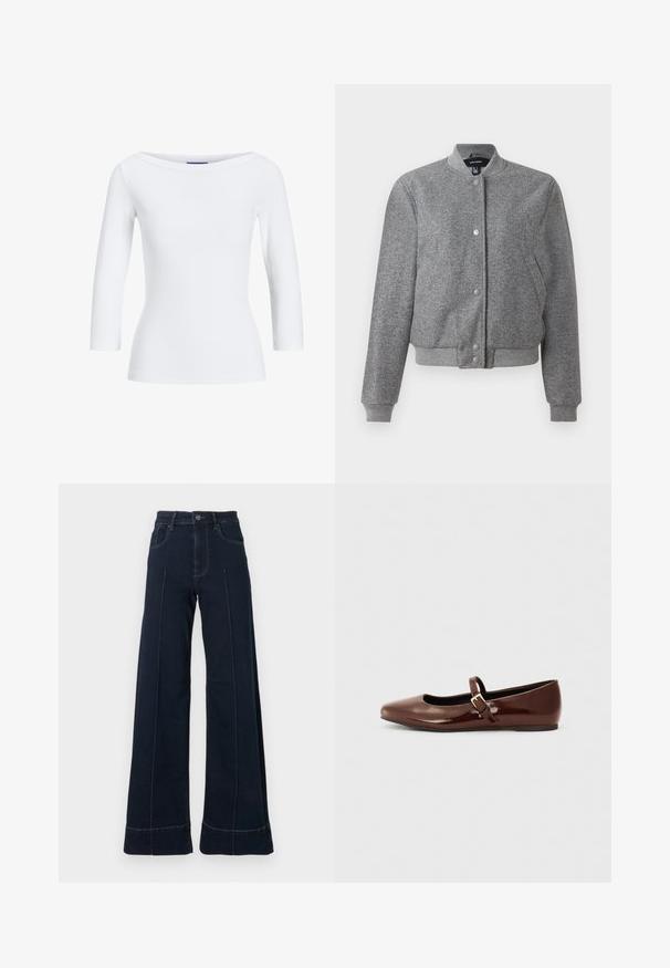 Chaqueta bomber gris con collar de canalé, cierre de botones a presión y dos bolsillos laterales. Fabricada con una tela texturizada con puños y dobladillo elásticos.; Top blanco de manga larga con cuello barco. La tela es suave, ajustada y presenta un acabado limpio en los puños y el dobladillo.; Jeans de pernera ancha y de color azul oscuro con cintura alta, que cuentan con bolsillos frontales y costuras visibles. Fabricados en tejido de mezclilla con una textura suave.; Bailarina de charol marrón con punta cuadrada y tira que presenta una pequeña hebilla dorada. Textura suave, tacón bajo y diseño minimalista.