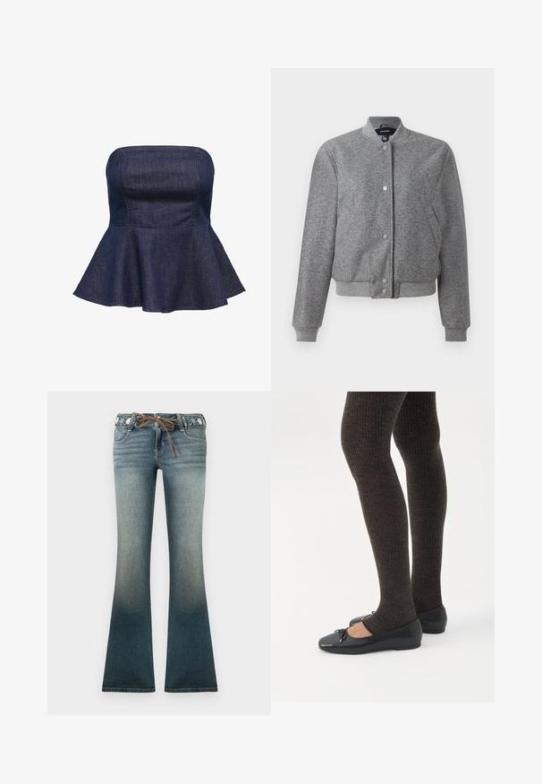 Veste bomber grise avec un col côtelé, fermeture à boutons-pression et deux poches latérales. Fabriquée dans un tissu texturé avec des poignets et un ourlet élastiques.; Top peplum sans manches en denim foncé avec un bodice ajusté et un ourlet évasé. Texture lisse avec des coutures nettes. Aucun matériel visible.; Jean en denim évasé dégradé du bleu clair au bleu foncé, avec une ceinture brodée et un cordon brun pour plus de détails.; Jambes portant des leggings côtelés foncés associés à des ballerines noires avec de petits détails en nœud sur fond blanc.