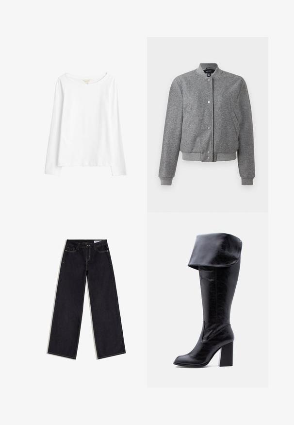 Veste bomber grise avec un col côtelé, fermeture à boutons-pression et deux poches latérales. Fabriquée dans un tissu texturé avec des poignets et un ourlet élastiques.; Seasalt Cornwall T-shirt à manches longues - white salt; Jean bleu foncé à jambes larges avec poches avant, passants de ceinture et surpiqûres contrastantes, posé à plat sur un fond blanc.; Botte haute en cuir noir avec talon, bord plié et bout arrondi, debout sur un fond blanc.
