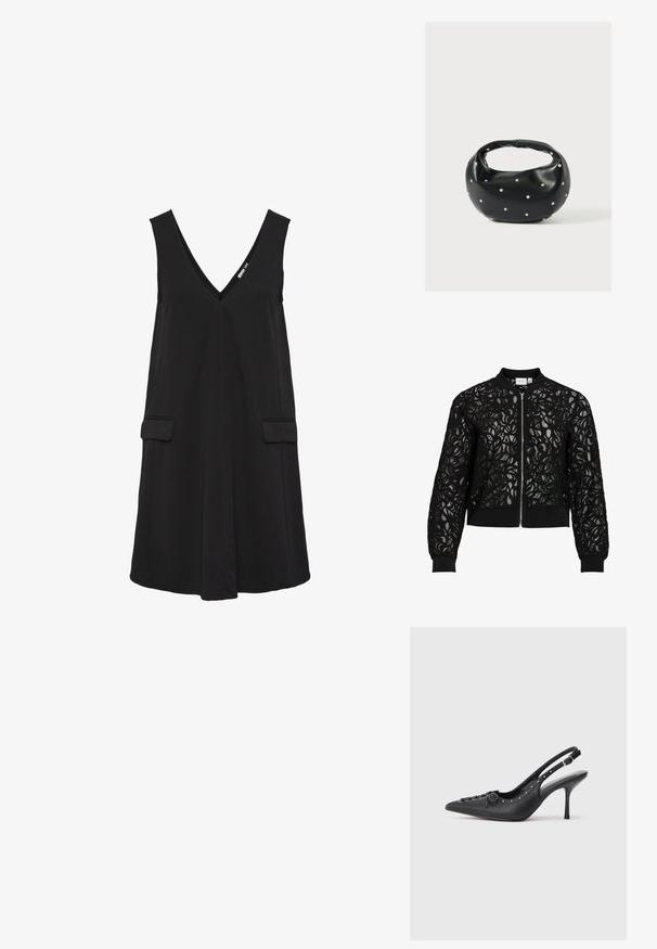 Schwarze Bomberjacke aus Spitze mit durchgehendem Reißverschluss vorne, geripptem Kragen, Bündchen und Saum, mit floraler, transparenter Stoffzier.; Schwarzes, ärmelloses V-Ausschnittkleid mit vorderen Klappentaschen und A-Linien-Silhouette.; Schwarzer Leder-Slingback-Stiletto mit spitzem Zehenaufsatz, seitlichem Schnallenriemen, Nieten entlang der Kante und dekorativer Schnürung vorne.; Schwarze Lederhandtasche mit abgerundeter Form, verziert mit silbernen Nietenakzenten und kurzem Griff. Glatte Struktur und Reißverschlussverschluss.