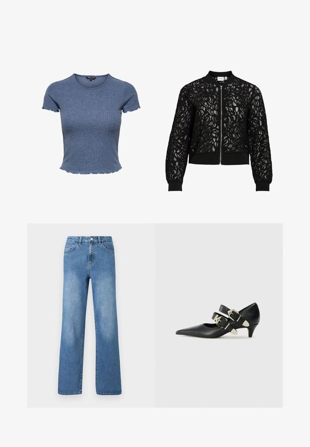 Schwarze Bomberjacke aus Spitze mit durchgehendem Reißverschluss vorne, geripptem Kragen, Bündchen und Saum, mit floraler, transparenter Stoffzier.; Blaues, kurzärmliges Crop-Top aus geripptem Strick mit wellenförmigen Kanten an Ärmeln und Saum, Rundhalsausschnitt und figurbetontem Schnitt.; Hellblaue Jeans aus Denim mit hoher Taille, weitem Bein, fünf Taschen und sichtbaren Nähte. Glatte Textur mit leichtem Verblassen.; Replay CECILE DOUBLE - Pumps - black