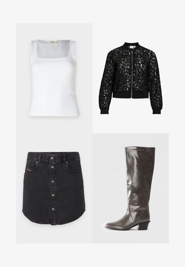 Veste bomber en dentelle noire avec fermeture éclair complète à l'avant, col, poignets et ourlet côtelés, présentant un tissu transparent à motif floral.; Débardeur blanc à encolure carrée fabriqué en tissu lisse. Présente des bretelles larges et une silhouette ajustée. Aucune motif ou ornement visible.; Jupe en denim noire, courte, avec des boutons métalliques à l'avant, deux poches avant, passants de ceinture et ourlet arrondi.; Bottine en cuir gris foncé pour femmes grandes, avec un talon moyen et un bout arrondi, vue de côté sur fond blanc.