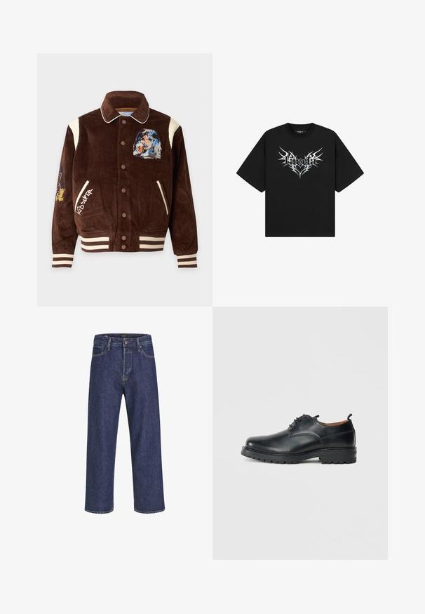 Brun kordfløjlsjakke med cremefarvede striber på manchetter og kant, knappelukning, portrætgrafik på brystet, KIDSUPER-tekst på venstre side.; Sort T-shirt med korte ærmer, med hvid spidset tribal hjerte design og stiliseret tekst "Favela" i midten foran.; Mørkeblå denimjeans med lige snit, fem-lomme design, metalknaplukning og kontrasterende syninger, der har en subtil tekstur.; Sorte læder derby-sko med en glat overflade, rund tå, snøre-design og en tyk, robust gummisål.