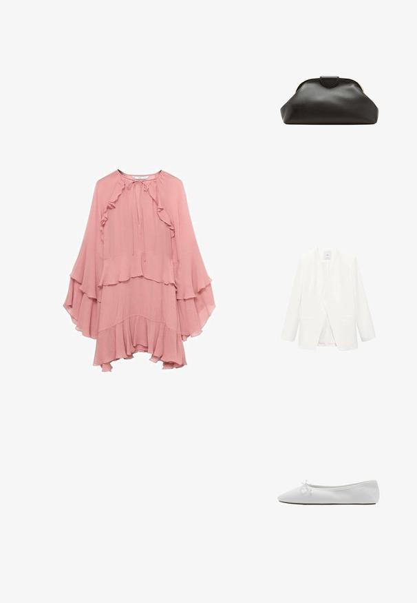Weißer Blazer mit V-Ausschnitt, langen Ärmeln, zwei vorderen Taschen und einer glatten Textur. Keine sichtbaren Verschlüsse oder Muster.; Rosa Chiffonkleid mit lockerer Passform, ausgestattet mit Rüschen am Halsausschnitt, den Ärmeln und dem Saum sowie einem Bindeband am Hals.; Weißer Ballerina-Schuh mit spitz zulaufender Zehenkappe, einer kleinen Schleife oben und einer flachen, niedrigen Sohle.; Weiche schwarze Leder-Clutch mit abgerundetem Rahmen und kleinem Verschluss oben in der Mitte.