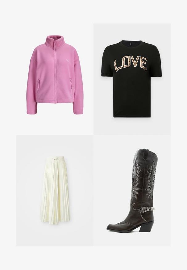 Pink fleecejakke med fuld frontlynlås, opretstående krave, lange ærmer og to lynlåslommer i siden.; Sort kortærmet t-shirt med rund halsudskæring, der har ordet "LOVE" skrevet med hvide og leopardmønstrede bogstaver.; Plisseret midi-nederdel i lys gul stof, med elastisk talje og bindebånd, glat tekstur og lodrette striber for ekstra detaljer.; Sort læder cowboystøvle med dekorative udskæringer, sølvspænde og skrå hæl, vist på hvid baggrund.
