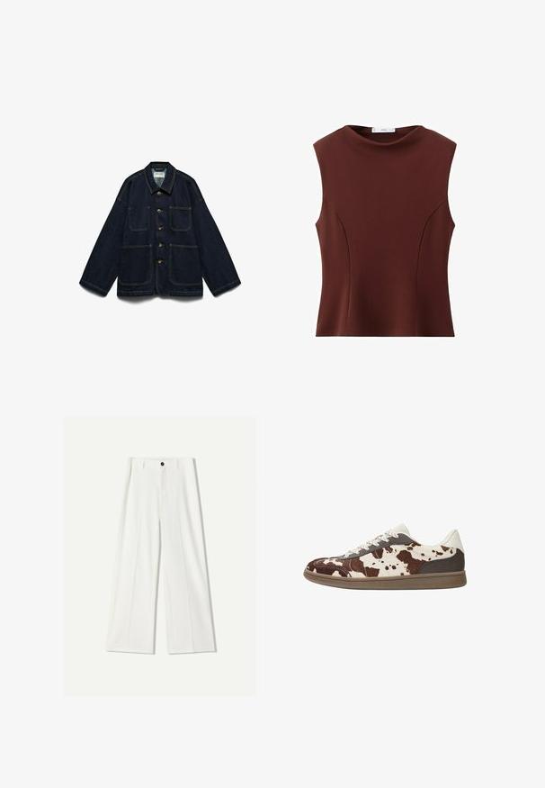 Veste en denim bleu foncé avec quatre poches avant et fermeture par boutons, dotée d’un col et de surpiqûres contrastantes.; Haut ajusté sans manches de couleur brun foncé avec un col rond haut et des coutures discrètes sur les panneaux avant.; Pantalon large blanc en tissu lisse, avec une fermeture à bouton à l'avant et des détails plissés. Conception à l'avant plat, sans poches visibles.; Baskets basses à motif peau de vache blanche et brun foncé, semelle beige, lacets blancs, et accents crème et brun foncé.