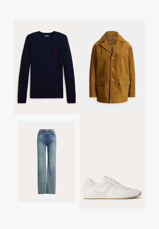 Brun ruskindsjakke med bred krave, fire knapper foran og to klaplommer ved taljen.; Mørkeblå kabelstrikket sweater med lange ærmer, rund hals, ribbede manchetter og kant, med en lille rød broderet polo-spiller logo på brystet.; Højtaljede, lige ben blå jeans med forlommer, bæltestropper og knaplukning, der har subtile slidte detaljer.; Hvid lavtop sneaker med snørelukning foran, ruskind- og læderpaneler og en lysebrun gummisål på en hvid baggrund.