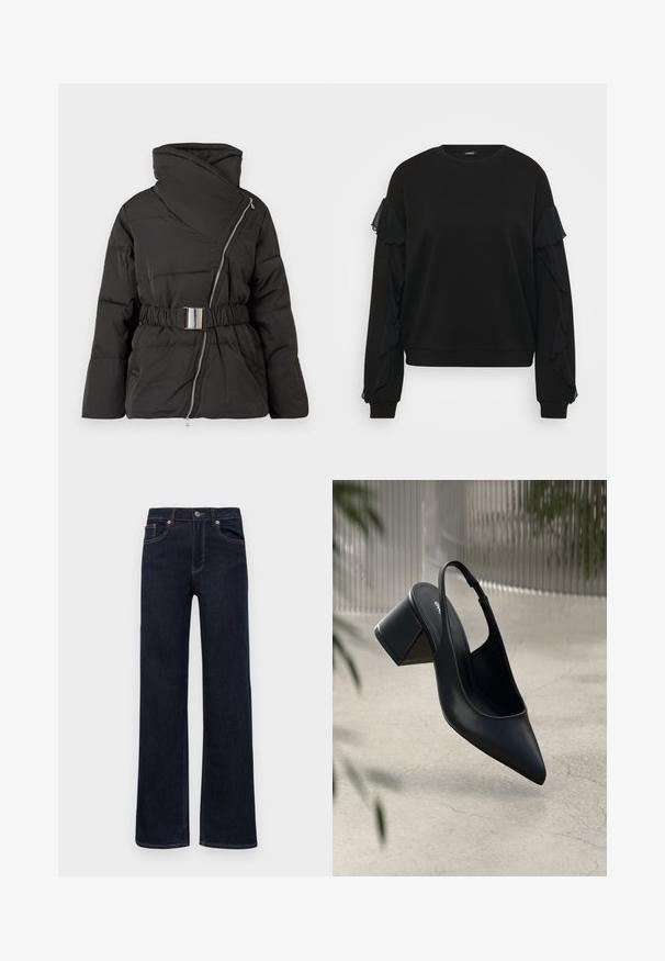 Schwarze gepolsterte Jacke mit Wickeldesign, hohem Kragen, seitlichem Reißverschluss und taillierter Gürtelschließe. Verfügt über gestickte Details und weite Ärmel.; Schwarzer Sweatshirt mit Rüsche aus transparentem Stoff an den Ärmeln, runder Ausschnitt und gerippter Saum. Glatte Textur mit lockerer Passform.; Dunkelblaue Denim-Jeans mit geradem Bein, Knopfverschluss, Gürtelschlaufen und fünf Taschen, auf einem weißen Hintergrund präsentiert.; Schwarze Leder-Slingback-Pumps mit spitzem Zehenbereich und Blockabsatz. Glatte Textur, minimalistisches Design und verstellbarer Knöchelriemen.