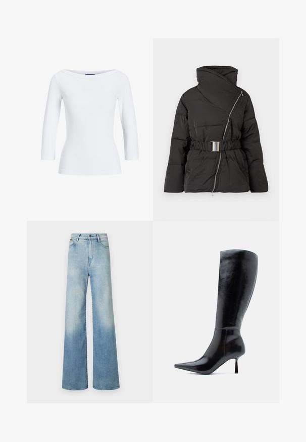 Chaqueta acolchada negra con un diseño envolvente, cuello alto, cierre lateral y cintura ceñida con cinturón. Presenta detalles cosidos y mangas anchas.; Top blanco de manga larga con cuello barco. La tela es suave, ajustada y presenta un acabado limpio en los puños y el dobladillo.; Vaqueros de pierna ancha de color azul claro, hechos de mezclilla, con una cintura alta, diseño de cinco bolsillos y un leve desvanecimiento a lo largo de las piernas.; Botas de tacón alto negras hasta la rodilla con un acabado de cuero brillante, punta afilada y tacón delgado y cónico, que presentan una superficie lisa y un diseño elegante.