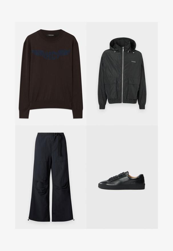 Schwarze leichte Jacke mit Kapuze, zwei Fronttaschen, elastischen Bündchen und durchgehendem Reißverschluss. Mit einem Logobadge auf der linken Seite.; Dunkelbrauner Langarmpullover mit gerippten Bündchen und Saum, mit einem navyblauen geflügelten "RC"-Logo auf der Brust und einem runden Halsausschnitt.; Schwarze, weit geschnittene Hose aus leichtem Stoff. Verfügt über einen Gürtel, zwei große Seitentaschen und verstellbare Säume mit Kordelzug.; Schwarze Leder-Sneaker mit glatter Textur, runder Zehenpartie und Schnürverschluss. Verfügt über eine dicke Gummisohle und minimalistische Marken-Details.