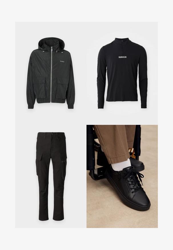 Chaqueta negra ligera con capucha, dos bolsillos delanteros, puños elásticos y cremallera completa. Presenta una placa con el logo en el lado izquierdo.; Top negro de manga larga con cuello alto, que presenta una cremallera de cuarto y el logo blanco "CALVIN KLEIN" en la parte frontal. Tejido suave y elástico.; Pantalones cargo negros con múltiples bolsillos, bolsillo lateral con cremallera y costuras reforzadas, con un diseño de pierna recta y tejido duradero.; Zapatilla deportiva de cuero negro con cordones y cremallera lateral, usada con calcetines blancos y pantalones marrones, pie apoyado en el reposapiés de una silla de ruedas.