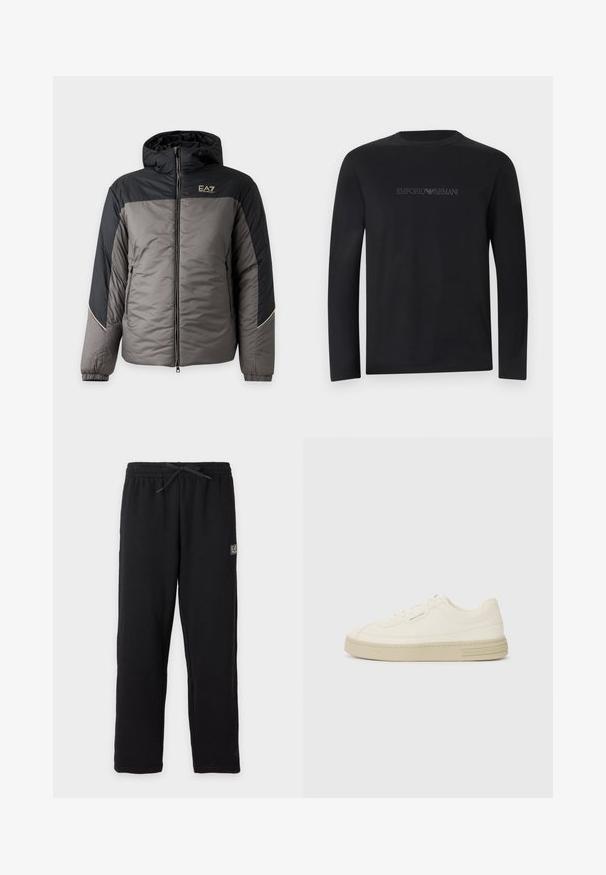 Gesteppte herenjas met capuchon in grijs en zwart, met ritssluiting aan de voorkant en EA7 Emporio Armani-logo op de borst.; Zwart shirt met lange mouwen en ronde hals, met het "EMPORIO ARMANI" logo in bijpassende zwarte draad op de borst geborduurd.; Zwarte joggingbroek met elastische tailleband en trekkoord, met een kleine rechthoekige EA7-logo patch op de bovenkant van de linker dij.; Witte canvas sneakers met een gestructureerde rubberen zool, featuring een gestikte neuskap en logo-accent op de hak. Eenvoudig vetersluiting ontwerp.