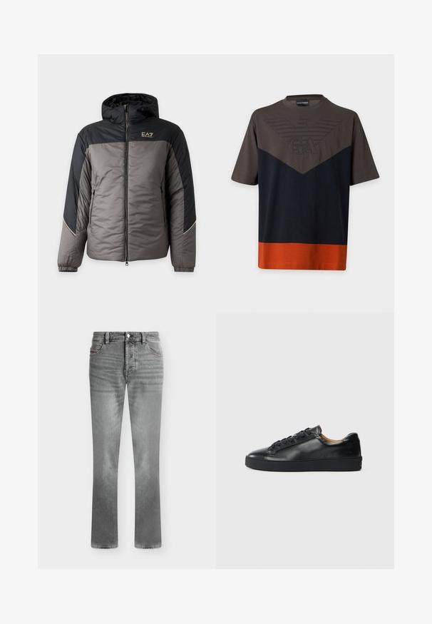 Veste matelassée à capuche pour homme en gris et noir avec fermeture éclair devant et logo EA7 Emporio Armani sur la poitrine.; T-shirt à manches courtes avec partie supérieure marron, milieu bleu marine et bas orange, avec un logo aigle brodé et les lettres GA sur la poitrine.; Jean gris à coupe droite, fermeture par bouton et zip, poches avant et arrière, avec des détails subtilement délavés.; Baskets en cuir noir avec une texture lisse, bout rond et fermeture à lacets. Comprend une semelle en caoutchouc épaisse et un minimum de détails de marque.