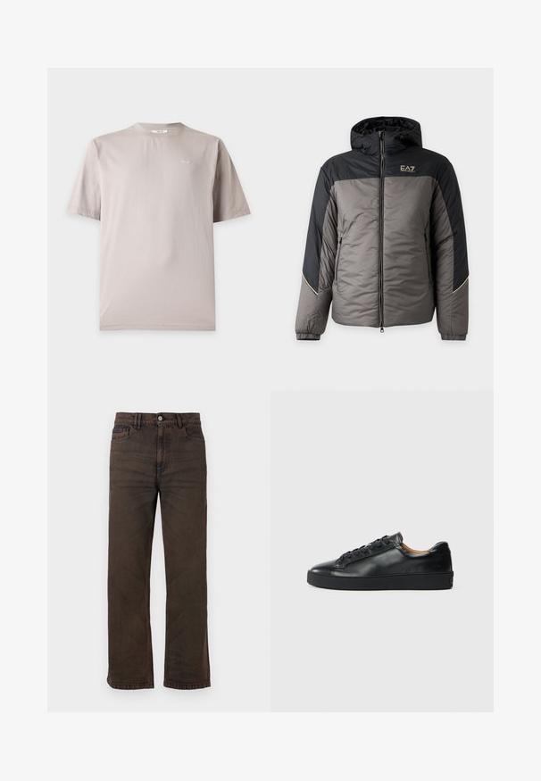 Men's padded hooded jacket in gray and black with front zipper and EA7 Emporio Armani logo on chest.; Light beige short-sleeve cotton t-shirt with small white "NN.07" logo on the left chest and round neckline.; Dark brown straight-leg jeans with front pockets, belt loops, and a button fly closure on a plain background.; Black leather sneaker with a smooth texture, round toe, and lace-up closure. Features a thick rubber sole and minimal branding detail.