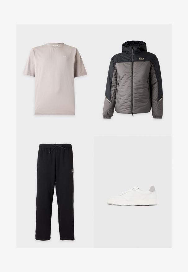 Veste matelassée à capuche pour homme en gris et noir avec fermeture éclair devant et logo EA7 Emporio Armani sur la poitrine.; T-shirt en coton beige clair à manches courtes avec petit logo blanc "NN.07" sur la poitrine gauche et col rond.; Pantalon de survêtement noir avec taille élastique et cordon, avec un petit patch logo EA7 rectangulaire sur la partie supérieure de la cuisse gauche.; Baskets basses blanches avec un onglet de talon gris, des lacets blancs et une semelle texturée, présentées sur un fond uni clair.