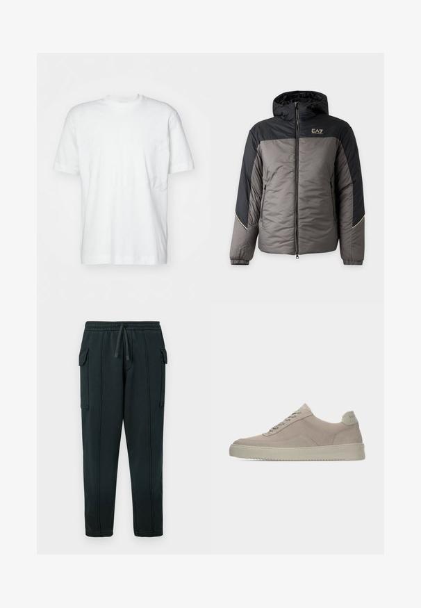 Chaqueta acolchada con capucha para hombre en gris y negro con cremallera frontal y logo EA7 Emporio Armani en el pecho.; Camiseta blanca de manga corta hecha de algodón, con un clásico escote redondo y un corte holgado, sin logotipos ni patrones visibles.; Pantalones deportivos negros con cintura de cordón, bolsillos laterales, detalle de bolsillo cargo y costuras visibles. Tela suave con un ajuste holgado.; Zapatillas deportivas de ante beige con acabado texturizado, puntera redondeada y cordones tono sobre tono. Cuenta con una suela de goma gruesa y una sutil marca en el talón.
