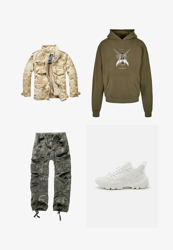 Chaqueta beige con patrón de camuflaje y un interior suave, múltiples bolsillos frontales, cierre con cremallera y cuello alzado. Confeccionada en una mezcla de algodón.; Sudadera verde oliva de algodón, con un bolsillo canguro frontal y una estampación gráfica con alas y una figura en el pecho.; Pantalones cargo de camuflaje, confeccionados en algodón, con múltiples bolsillos, puños elásticos y un corte holgado con cintura ajustable mediante cordón.; Zapatillas deportivas blancas con un upper texturizado, paneles de malla, suela de goma prominente y recortes decorativos en los laterales.
