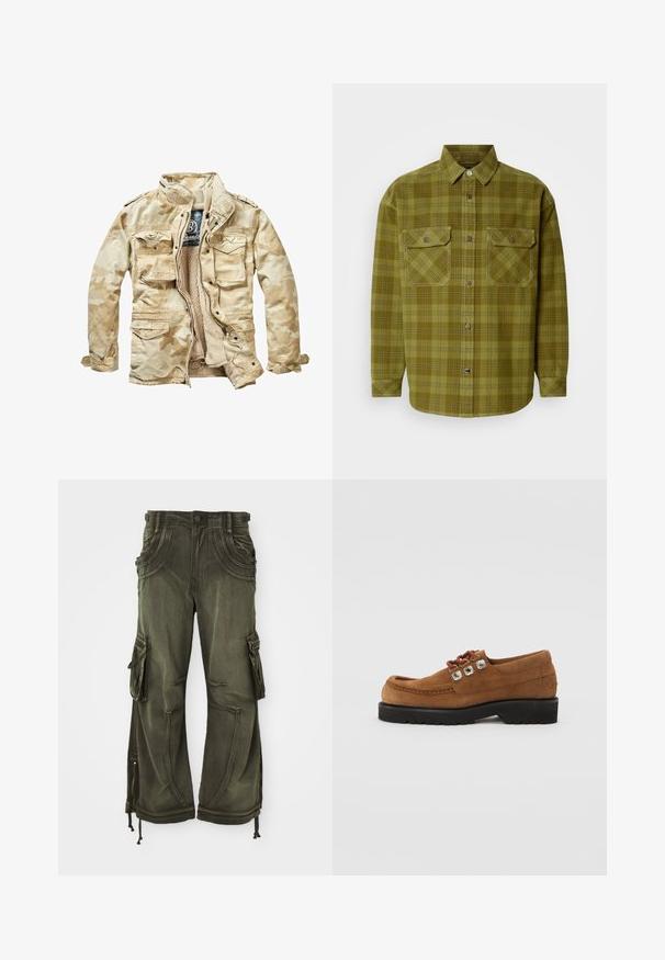 Beige takki, jossa on camo-kuvio, pehmeä vuori, useita etutaskuja, vetoketjukiinnitys ja pystykaulus. Valmistettu puuvillasekoitekankaasta.; Vihreä ruudullinen puuvillapaita, jossa on napituskaulus, kaksi etutaskua läppineen ja pitkät hihat nappikiinnityksellä.; Oliivinvihreät cargo-housut, jotka on valmistettu puuvillasta ja joissa on rento malli. Housuissa on sivutaskut, vetoketjut nilkoissa ja nyörit helmoissa.; Ruske svičane cipele s okruglim vrhom, podstavljenim ovratnikom i dekorativnim srebrnim okicama. Crna gumena potplahta za prianjanje i stabilnost.