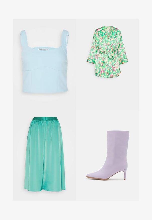 YAS YASURIA KIMONO - Καλοκαιρινό μπουφάν - poison green; Abercrombie & Fitch BARE TAILORING CORSET - Μπλούζα - crystal blue; Re.draft FLOATY SKIRT - Φούστα σε γραμμή Α - dark pistacchio; Even&Odd by Zalando Μπότες - purple