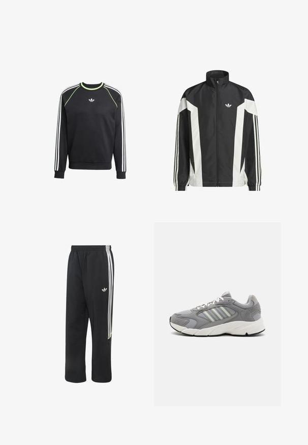 Veste zippée noire et blanche en tissu léger, avec un col haut, des blocs de couleur angulaires et trois rayures sur chaque manches.; Sweat-shirt noir avec un design à trois rayures blanches sur les manches et des accents vert citron. Il présente un col rond et un petit logo sur la poitrine.; Pantalon de jogging Adidas noir avec trois bandes blanches sur les côtés et un petit logo Adidas blanc sur la partie haute de la cuisse gauche.; Baskets de sport grises en matière mesh et daim, avec des lacets blancs, un col rembourré et une semelle intermédiaire épaisse blanche avec des accents texturés.