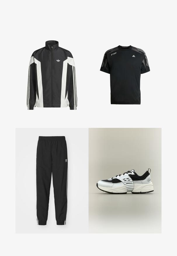 Zwart-witte ritsjack gemaakt van lichtgewicht stof, met een hoge kraag, hoekige kleurblokken en drie strepen op elke mouw.; Zwarte sportieve t-shirt gemaakt van lichtgewicht stof, met mesh schouderpanelen, korte mouwen en witte adidas en F50 logo's.; Zwarte trainingsbroek met een elastische tailleband en boorden, voorzien van witte zijstrepen en een klein wit Adidas-logo op de linkse heup.; Witte en zwarte lage sneaker met mesh- en leren panelen, dikke zool en geribde middenvoetband met opschrift "Jordan" op een neutrale achtergrond.