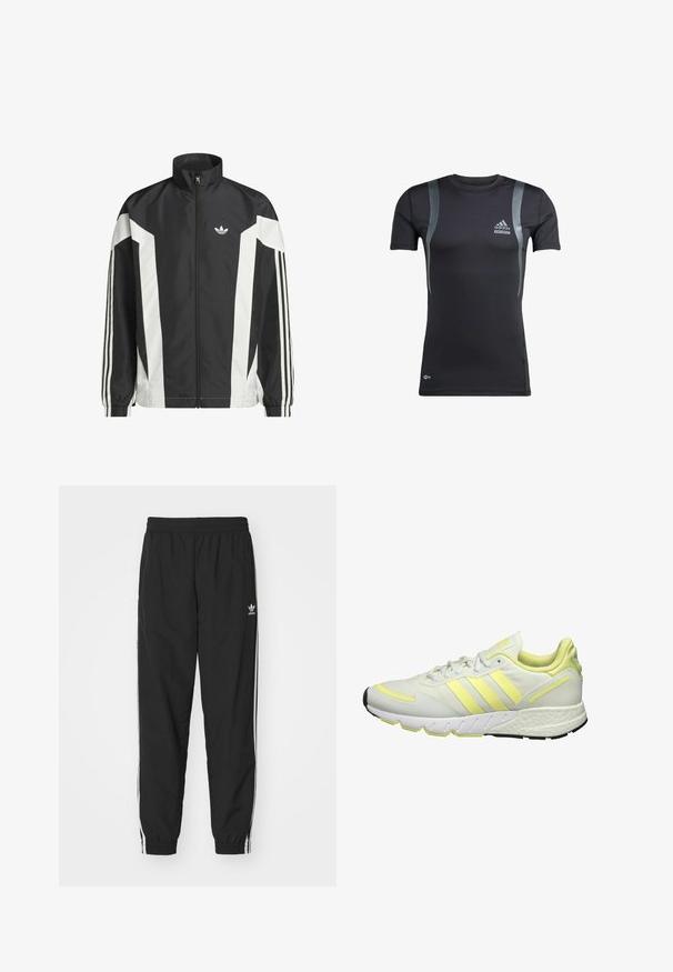 Veste zippée noire et blanche en tissu léger, avec un col haut, des blocs de couleur angulaires et trois rayures sur chaque manches.; T-shirt de sport noir à manches courtes avec des accents gris, fabriqué en tissu extensible. Présente un logo Adidas sur la poitrine gauche et une marque Techfit.; Pantalons de jogging noirs avec taille élastique et poignets, présentant des rayures latérales blanches et un petit logo Adidas blanc sur la hanche gauche.; Baskets blanches avec des accents jaunes, présentant une tige lisse, une semelle texturée et trois bandes sur le côté pour le marquage.