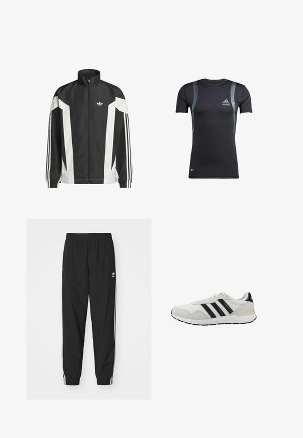 Veste zippée noire et blanche en tissu léger, avec un col haut, des blocs de couleur angulaires et trois rayures sur chaque manches.; T-shirt de sport noir à manches courtes avec des accents gris, fabriqué en tissu extensible. Présente un logo Adidas sur la poitrine gauche et une marque Techfit.; Pantalons de jogging noirs avec taille élastique et poignets, présentant des rayures latérales blanches et un petit logo Adidas blanc sur la hanche gauche.; Chaussures de sport blanches avec des rayures noires. Fabriquées en mesh et daim, avec une semelle en caoutchouc et un col rembourré pour le confort. Design classique.