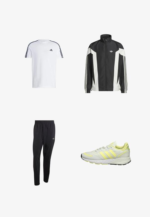 Chaqueta negra y blanca con cremallera, hecha de un tejido ligero, con un alto cuello, bloques de color angulares y tres franjas en cada manga.; Camiseta blanca de manga corta hecha de algodón con el logo negro de adidas en el pecho y tres franjas negras a lo largo de los hombros.; Pantalones deportivos negros hechos de material ligero, con una cintura elástica y un pequeño logo en relieve en la parte superior del muslo izquierdo.; Zapatilla deportiva blanca con acentos en amarillo, que cuenta con una parte superior suave, suela texturizada y tres rayas en el lateral para la marca.