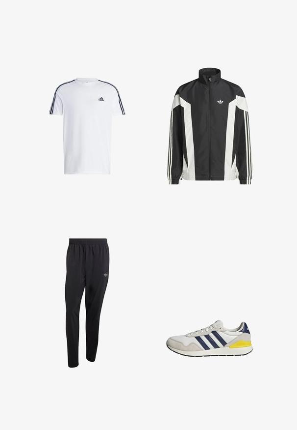 Chaqueta negra y blanca con cremallera, hecha de un tejido ligero, con un alto cuello, bloques de color angulares y tres franjas en cada manga.; Camiseta blanca de manga corta hecha de algodón con el logo negro de adidas en el pecho y tres franjas negras a lo largo de los hombros.; Pantalones deportivos negros hechos de material ligero, con una cintura elástica y un pequeño logo en relieve en la parte superior del muslo izquierdo.; Zapatilla Adidas blanca y gris con rayas azul marino y un detalle amarillo en el talón, vista de lado sobre un fondo blanco.