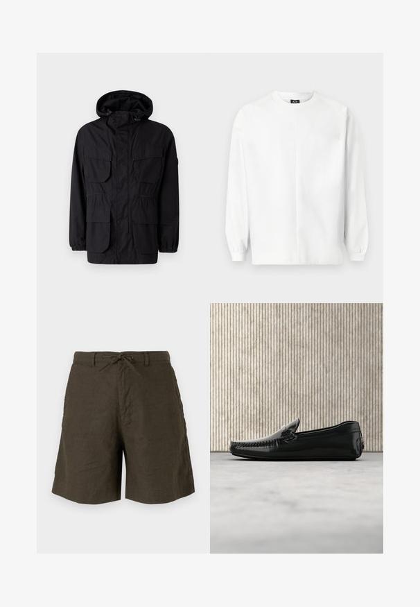 Zwarte hoodie-jack gemaakt van lichtgewicht stof, met vier voorzakken, elastische manchetten en een getailleerde taille voor een verstelbare pasvorm.; Witte sweatshirt, gemaakt van zachte stof, met een ronde hals, lange raglanmouwen, geribbelde cuffs en een subtiele geborduurde logo op de borst.; Khaki shorts van linnen, met een verstelbare tailleband, zijzakken en een comfortabele pasvorm met een gladde textuur.; Zwarte leren loafers met een glanzende afwerking, ronde neus en decoratieve hardware aan de voorkant. Laag profiel rubberen zool. Gladde textuur.