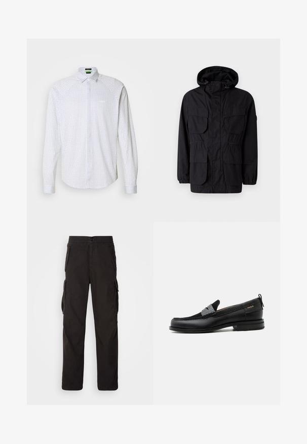 Schwarze Kapuzenjacke aus leichtem Stoff, mit vier Fronttaschen, elastischen Bündchen und einem taillierten Bund für eine anpassbare Passform.; Langärmliges Hemd mit Knopfleiste in Weiß mit einem blauen Karomuster. Verfügt über einen klassischen Kragen und eine Brusttasche. Glatte Stoffqualität mit taillierter Passform.; Schwarze Cargo-Hose mit geradem Schnitt, elastischem Bund, mehreren Seitentaschen und einem strukturierten Stoff für hohe Langlebigkeit.; Schwarzer Lederloafer mit grauem Riemendetail, niedrigem Absatz und strukturierter Sohle, seitlich mit „HUGO“ in Gold gebrandmarkt.