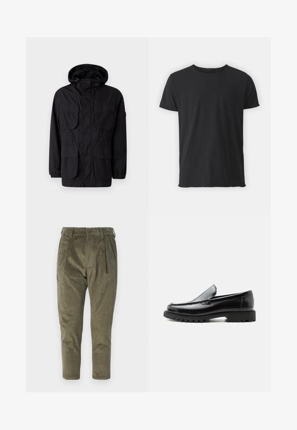 Chaqueta con capucha negra hecha de tejido ligero, que cuenta con cuatro bolsillos frontales, puños elásticos y una cintura ajustada para un ajuste personalizable.; Camiseta de manga corta negra, hecha de algodón suave, con un cuello redondo clásico y una textura suave, con un corte recto.; Pantalones de pana verde oliva con un corte relajado, que presentan pliegues, una cintura elástica y piernas entalladas. Tejido texturizado con costillas verticales.; Mocasín de cuero negro con suela de goma gruesa, empeine cosido y nombre de la marca en relieve en el talón, mostrado en perfil lateral sobre fondo blanco.