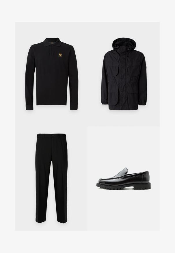 Sort hættetrøje lavet af letvægtsstof, med fire frontlommer, elastiske manchetter og en indsnævret talje for justerbar pasform.; Sort langærmet polo-shirt lavet af bomuld. Har en klassisk krave, tre-knaps placket og et gyldent emblem på venstre bryst.; Sorte bukser lavet af glat stof, med lige snit, to forlommer og lynlås med knaplukning.; Sort læderloafer med chunky gummisål, syet overdel og præget mærkenavn på hælen, vist i sideprofil på hvid baggrund.