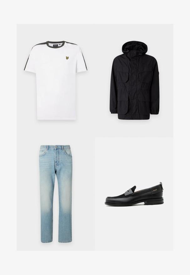 Schwarze Kapuzenjacke aus leichtem Stoff, mit vier Fronttaschen, elastischen Bündchen und einem taillierten Bund für eine anpassbare Passform.; Weißes Baumwoll-T-Shirt mit Rundhalsausschnitt, schwarzen Schulterakzenten und einem kleinen gelben Logo auf der linken Brust. Kurze Ärmel.; Helle blaue Jeans aus Denim mit geradem Bein, fünf Taschen und einem ausgewaschenen Effekt an den Oberschenkeln.; Schwarzer Lederloafer mit grauem Riemendetail, niedrigem Absatz und strukturierter Sohle, seitlich mit „HUGO“ in Gold gebrandmarkt.