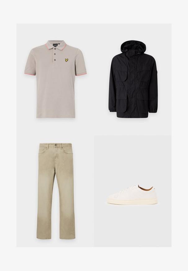 Chaqueta con capucha negra hecha de tejido ligero, que cuenta con cuatro bolsillos frontales, puños elásticos y una cintura ajustada para un ajuste personalizable.; Polo de color gris claro con cuello, tres botones y acentos rosas en las mangas. Presenta un logo amarillo en el pecho. Material de algodón.; Pantalones de algodón beige con un diseño de pierna recta, que cuentan con bolsillos frontales y un cierre de botón clásico. Textura suave con un ligero desvanecimiento.; Zapatilla blanca de corte bajo con diseño de cordones, detalles mínimos de costuras y suela color crema sobre un fondo gris claro.