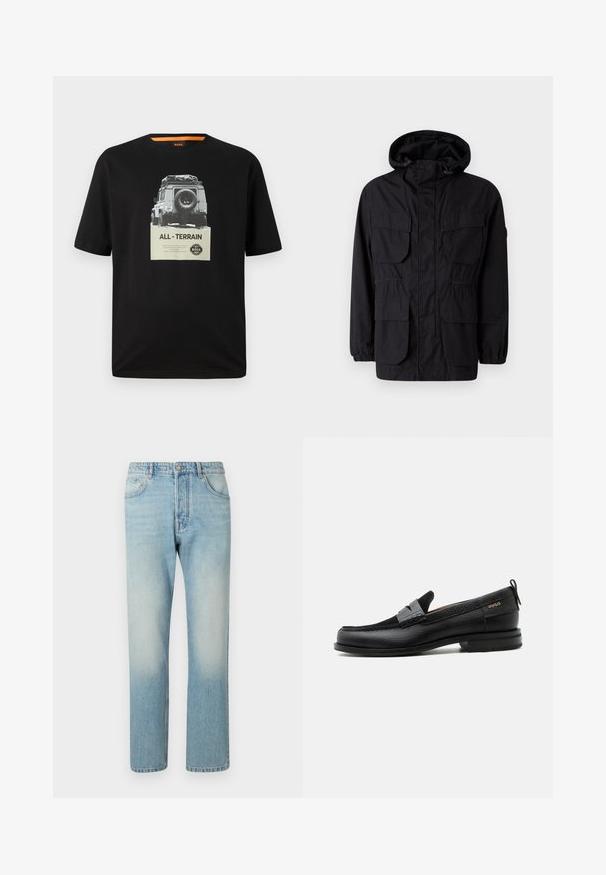 Schwarze Kapuzenjacke aus leichtem Stoff, mit vier Fronttaschen, elastischen Bündchen und einem taillierten Bund für eine anpassbare Passform.; Schwarzes Baumwoll-T-Shirt mit Rundhalsausschnitt, das einen grafischen Druck eines klassischen Fahrzeugs und den Text "ALL - TERRAIN" auf der Brust zeigt.; Helle blaue Jeans aus Denim mit geradem Bein, fünf Taschen und einem ausgewaschenen Effekt an den Oberschenkeln.; Schwarzer Lederloafer mit grauem Riemendetail, niedrigem Absatz und strukturierter Sohle, seitlich mit „HUGO“ in Gold gebrandmarkt.