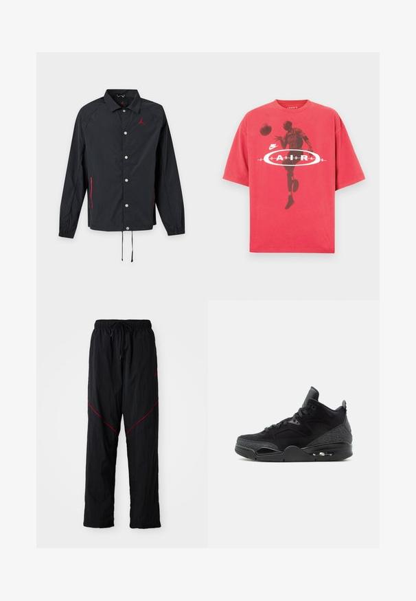 Must pikkade varrukatega jope snap-kinnitustega, krae, punase logoga rinnal, punased tõmblukud taskutel ja nöörid äärel.; Punane puuvillane T-särk, millel on ümarsärk, lõdva lõikega ja korvpallimängija graafilise trükiga koos "Jordan" tekstiga ning Nike logoga.; Mustad mustas sportlikud püksid tekstureeritud viimistlusega, millel on paelael, punased rõhutruud ja avar lõige.; Mustad kõrged tossud paeltega ees, mustriliste külgpaneelidega, nähtava õhusaluse ja pehmendusega pahkluukrae valgel taustal.
