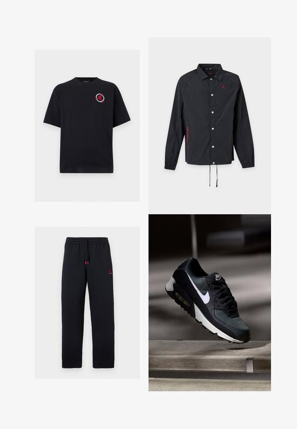 Chaqueta negra de manga larga con botones de presión, cuello, logo rojo en el pecho, detalles de cremallera roja en los bolsillos y cordones en el dobladillo.; Camiseta negra de manga corta con un pequeño logotipo rojo de Jumpman y un diseño circular en el pecho izquierdo.; Pantalones deportivos negros con cintura elástica y cordón, pequeño logo Jumpman rojo con texto "AIR" en el muslo izquierdo.; Zapatilla Nike Air Max negra y gris con el logo blanco, suspendida sobre una superficie de cemento contra un fondo oscuro y desenfocado.