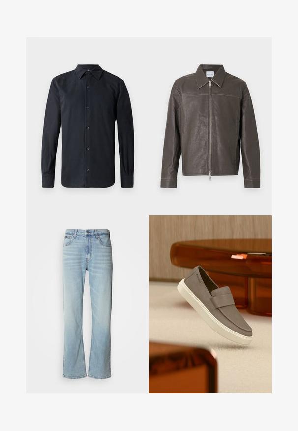 Chaqueta de cuero marrón con cremallera frontal, cuello clásico y mangas largas. Presenta costuras contrastantes a lo largo de las costuras. Textura suave.; Camisa negra de manga larga con cuello estándar, cierre frontal con botones, hecha de tela suave, con corte recto y puños abotonados.; Jeans de mezclilla azul claro con corte recto, que cuentan con cinco bolsillos, un cierre de botón y un ligero desvanecimiento en la tela.; Zapato de ante gris sin cordones con suela blanca suspendido sobre una alfombra beige, con muebles translúcidos naranjas al fondo.