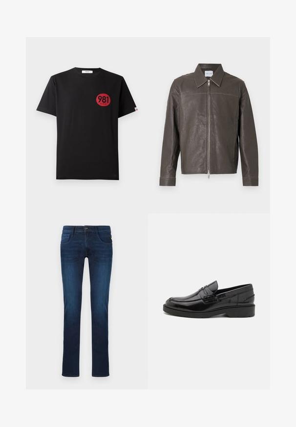 Brun læderjakke med lynlås foran, klassisk krave og lange ærmer. Har kontrastsyninger langs sømmene. Glat tekstur.; Sort bomulds T-shirt med korte ærmer, der har et rødt cirkulært print, som inkluderer tallene "981" og ordet "REPLAY."; Mørkeblå slim-fit jeans med front- og baglommer, knaplukning og let falming ved lår og knæ.; Sorte læder loafers med en glat finish, rund tå, lav hæl og dekorativ syning langs forsiden. Gummisål for godt greb.